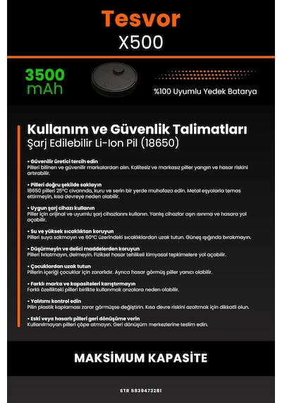 Tesvor X500 3500mAh Robot Süpürge Bataryası