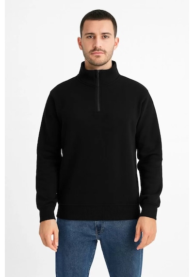 Cvs Giyim Erkek Dik Yaka Sweatshirt Dik Yaka Yarım Fermuarlı 3 İplik Şardonlu Pamuk Kumaş - Siyah Siyah