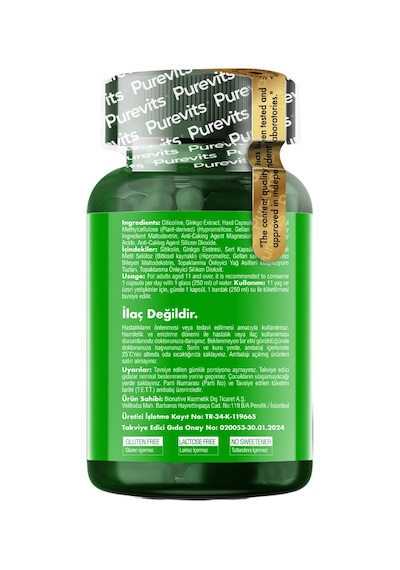Purevits Ginkgo Biloba Citicoline + Focus 30 Vegan Kapsül