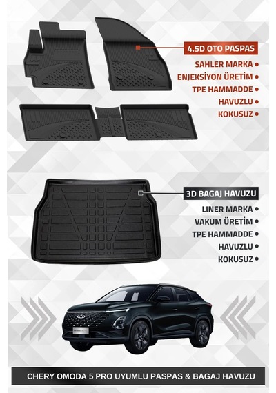 Sahler Omoda 5 Pro 2023-2025 Uyumlu 4.5d Premium Havuzlu Oto Paspas Ve Liner Marka 3d Bagaj Havuzu