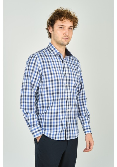 De Leone Erkek Slim Fit Kareli Uzun Kollu %100 Pamuk Gömlek 2240 Mavi Mavi