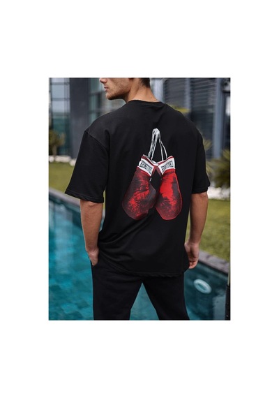 Erkek Kısa Kol Tişört Bisiklet Yaka Box Eldiven Baskılı T-shirt - Siyah