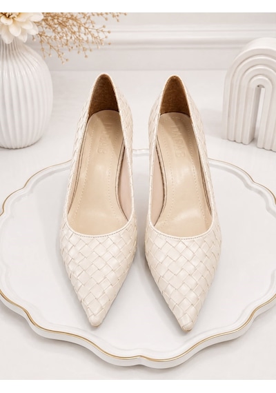 Dabab Shoes Lılya Kadın Bej Sivri Burun Örgü Desenli 6 Cm İnce Topuklu Stiletto Ayakkabı