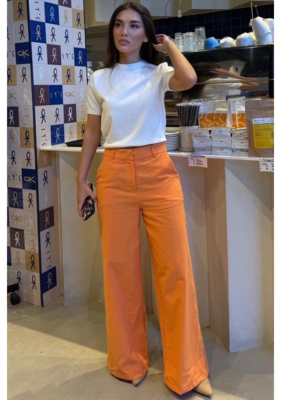 Madmext Turuncu Yüksek Bel Keten Wide Leg Pantolon Mg2718