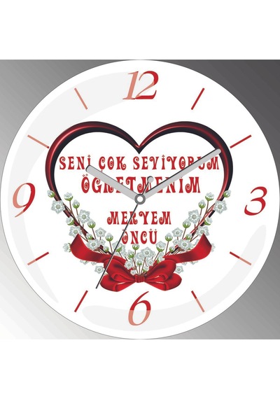 Kişiye Özel Seni Seviyorum Öğretmenim Çap 30cm Sessiz Akar Bombeli Gerçek Cam Duvar Saati Siyah