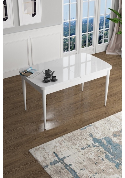 Canisa Concept Han Serisi 70x114 Açılabilir Mdf Mutfak Masası Takımı Beyaz Masa 6 Siyah Sandalye Masa Beyaz Sandalyeler Siyah