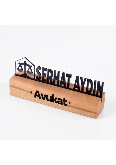 Avukatlara Özel Masif Kayın Ahşap Masaüstü İsimlik Standı Siyah Akrilik Masa İsimliği