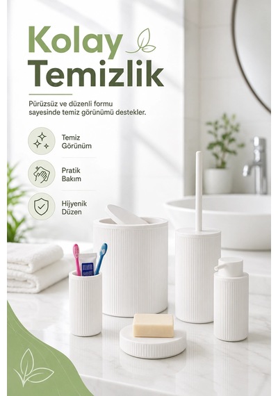 5 Parça Beyaz Banyo Seti Diş Fırçalık Çöp Kovası Sabunluk Sıvı Sabunluk Tuvalet Fırçası