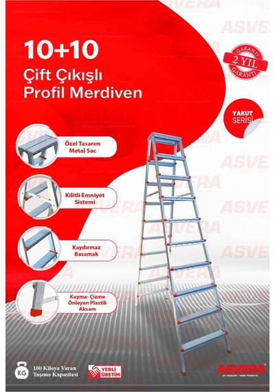 Yakut Serisi -10 10 Basamaklı Çift Çıkışlı Galvanizli Profil Merdiven Ev, Bahçe, Işyeri Için Uygun