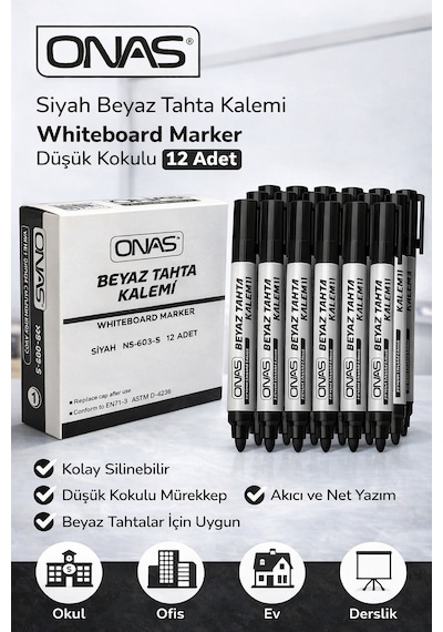 Onas Siyah Beyaz Tahta Kalemi Whiteboard Marker Düşük Kokulu 12 Adet Kutu 3b