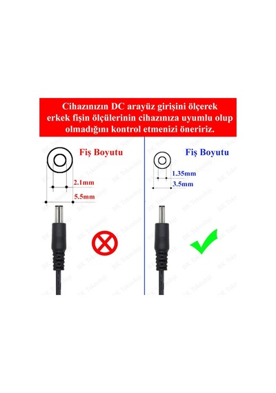 5.5mm X 2.1mm Dişi To 3.5mm X 1.35mm Erkek Dc Güç Adaptör Kablosu