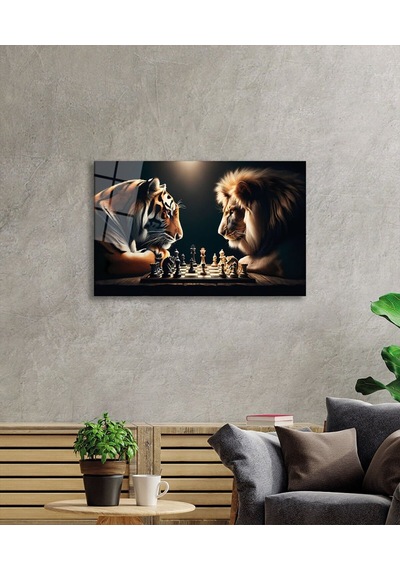 Satranç Ustaları Kaplan Vs Aslan Cam Tablo Evlika Yapay Zeka Hediyelik Büyük Tablo Ev Ofis Dekoru