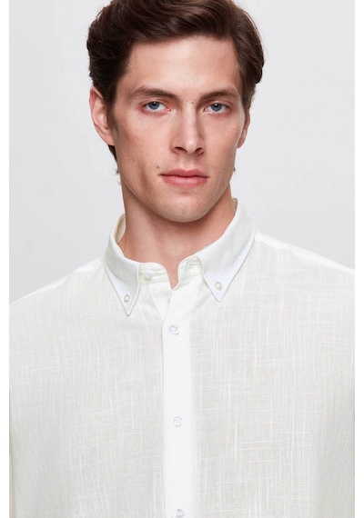 D'S Damat Ds Damat Comfort Beyaz Düğmeli Yaka Rahat Kesim Keten Görünümlü %100 Pamuk Gömlek 2hc02ort64265 Beyaz