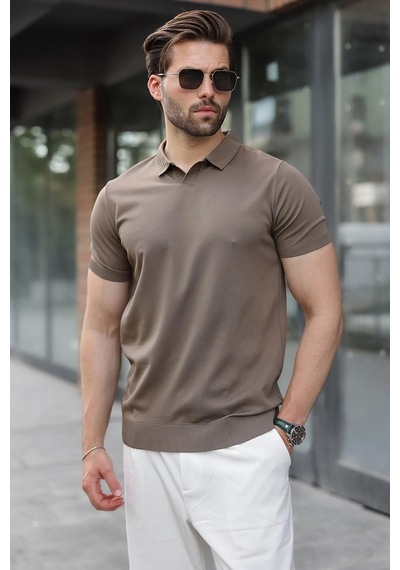 Madmext Açık Kahverengi Regular Fit Polo Yaka Triko Erkek Tişört E7502