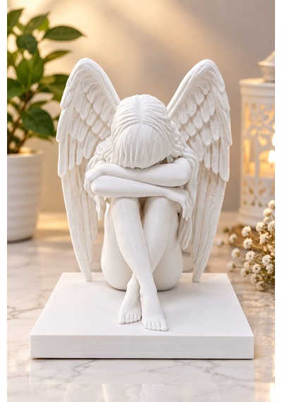 3d Melek Heykeli Kanatlı Diz Çöken Melek Biblo Dekoratif Heykel - 15 Cm 15x12