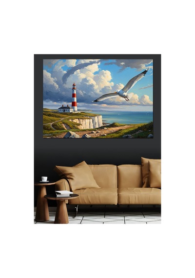 Deniz Feneri Ve Martılar Manzarası Yağlı Boya Dokulu Kanvas Tablo Canvas Tablosu