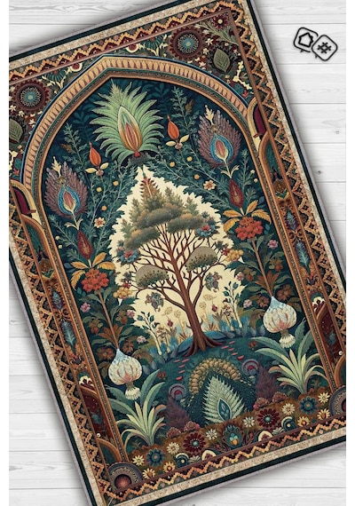 Homshtag Art Deco Etnik Bitki Vintage Halı Görünümlü Dijital Baskı Yeşil Renk Rustik Çiçekli Halı Çok Renkli