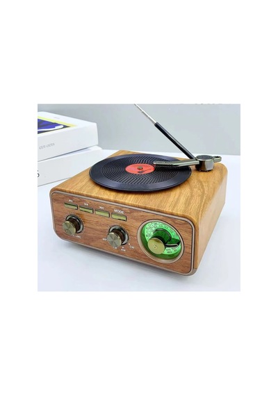 Nostaljik Tasarım Plak Çalar Görünümlü Radyolu Bluetooth Hoparlör Retro Müzik Plak Açık Kahverengi - 100