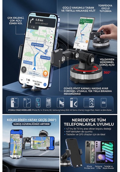Robot Kollu Çok Eklemli Araç İçi Telefon Tutucu Süper Güçlü Vakumlu Dayanklı Otomatik Kilitli 360