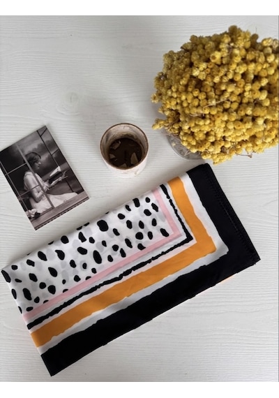Trend Dokunuş Kadın 70-70 Saten Sarı-siyah Leopar Desenli Fular Bandana Sarı - Siyah