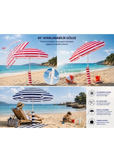 Yek Outdoor 200 Cm Çizgili Plaj Ve Bahçe Şemsiyesi Taşıma Çantalı Asorti Renk Çok Renkli