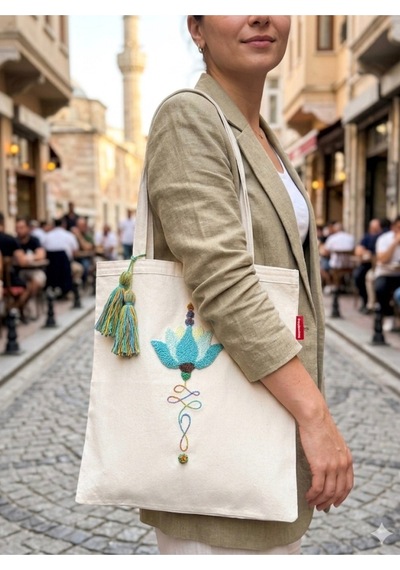 Myballistore Çiçek Tasarım Kanvas Çanta Krem