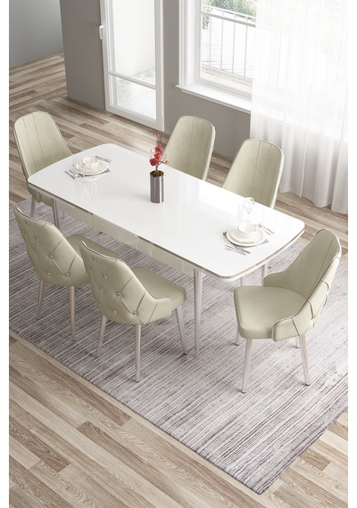 Canisa Tia Serisi 80x132 Açılabilir Mdf Mutfak Masası Takımı Beyaz Masa Krom Detay 6 Krem Sandalye Masa Beyaz Sandalye Krem Canisa Tia Serisi 80x132 Açılabilir Mdf Mutfak Masası Takımı Beyaz Masa Krom Detay 6 Krem Sandalye Masa Beyaz Sandalye Krem