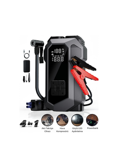 Akü Takviye 4 İn 1 Şarjlı Akü Takviye Cihazı 12.000 Mah Gerçek Değer Akım Koruma Güçlü Seri