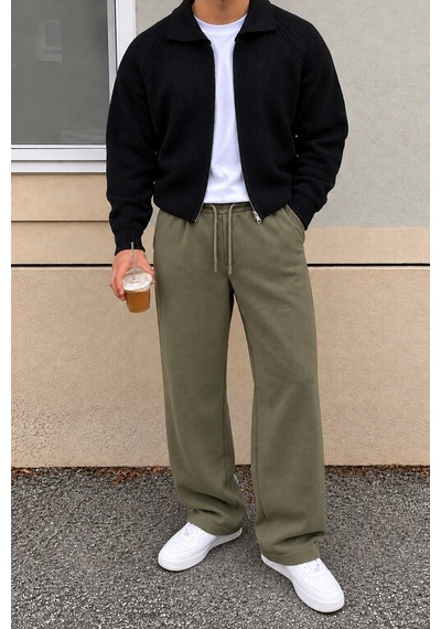 Tarz Cool Erkek Oversize Baggy Fit Eşofman Altı %100 Pamuk 3 İplik Şardonlu Bol Paça Rahat Kesim Haki