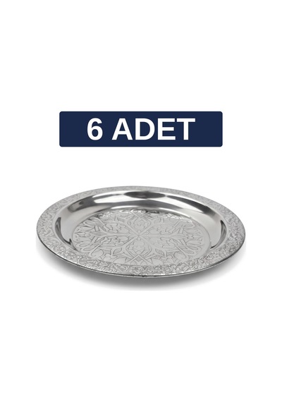Binbir Trend 18 Cm İşlemeli Kenarlı Otantik Desenli Krom Çelik Meze Ve Servis Tabağı 6 Adet