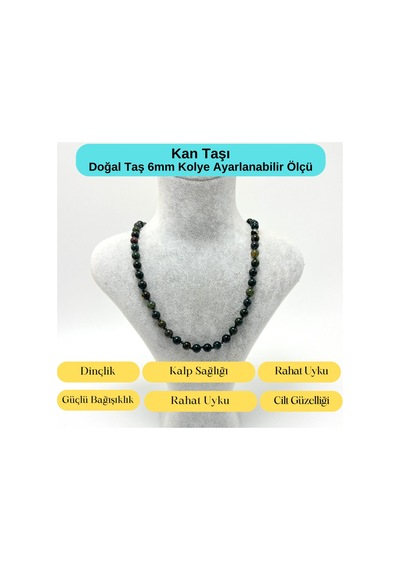 Yıldız Doğal Taş Kan Taşı Doğal Taş 6 MM Makrome Kolye 45 CM - 55 CM Ayarlanabilir Yeşil