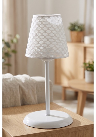 Şenay Aydınlatma Metal Ayaklı Konik PVC Abajur Masa Lambası 14 cm Beyaz File