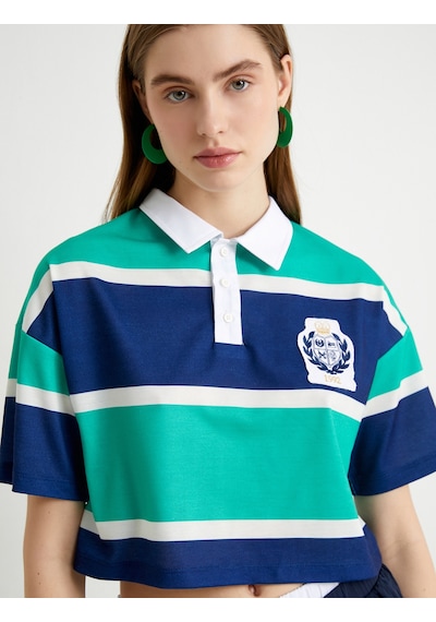 Koton Polo Yaka Tişört Crop Düğmeli Kısa Kollu Rahat Kalıp Yeşil Çizgili 4sal11093ık Yeşil