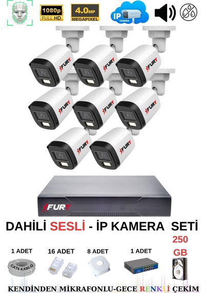 Fury Ip Güvenlik Kamera Seti 8 Kameralı Sesli 4mp Gece Renkli Su Geçirmez Ip5515s 250gb