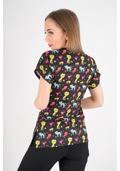 Unisex Cool Cats Club Desenli Doktor Hemşire Hastane Aşçı Mutfak Scrubs Tek Üst Üniforma Siyah