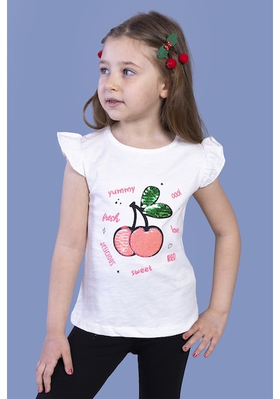 Toontoy Kids Toontoy Kız Çocuk Çevirmeli Pullu Kiraz Baskılı Tişört Ekru