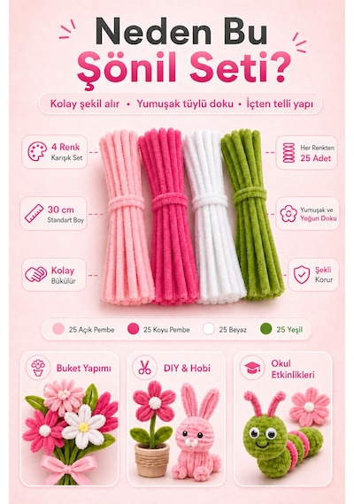 100 Adet Şönil Tel 30 Cm Pembe Beyaz Yeşil Tüylü Hobi Teli El İşi Ve Dıy Çiçek Yapımı