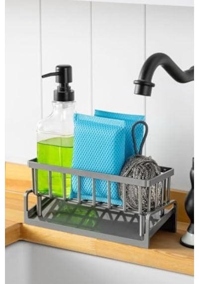 Lavabo Organizeri Tezgah Üstü Abs Plastik Mutfak Organizer Banyo Düzenleyici Evye Üstü Süngerlik Sabunluk Organizer Su Hazneli Gri Raf Metalik Gri Açık Bej