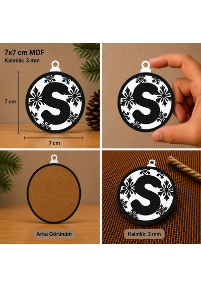 S Harf Yılbaşı Süsü Mdf Çam Ağacı Desenli Asılabilir Dekor 7x7 Cm