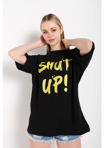 Tarzsokak Kadın Shut Up Beyaz Baskılı Oversize Tshırt Siyah