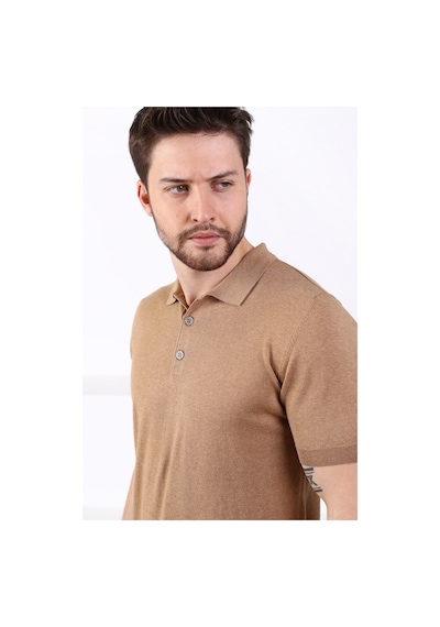 Ferraro Camel Polo Yaka Düz Renk Erkek Pamuk Triko T-Shirt-Camel