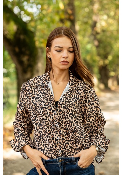 Verdeblanco Leopar Desenli Dijital Baskılı Uzun Kollu Relax Gömlek Leopar