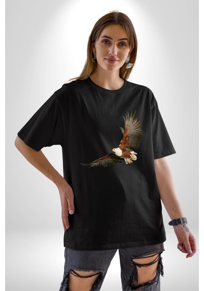 Kartal Özgürlük Pamuklu Bisiklet Yaka Unisex Oversize Boyfriend Dijital Baskılı Siyah T-shirt Siyah