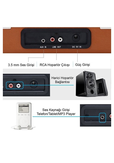 Record Master T317UB Bluetooth Şarj Edilebilir Retro Pikap Kahverengi