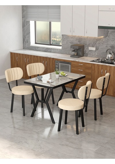 Azra 70x110cm Efes Mutfak Masası, Mutfak Masası Takımı, Yemek Masası, 4 Krem Sandalye Krem