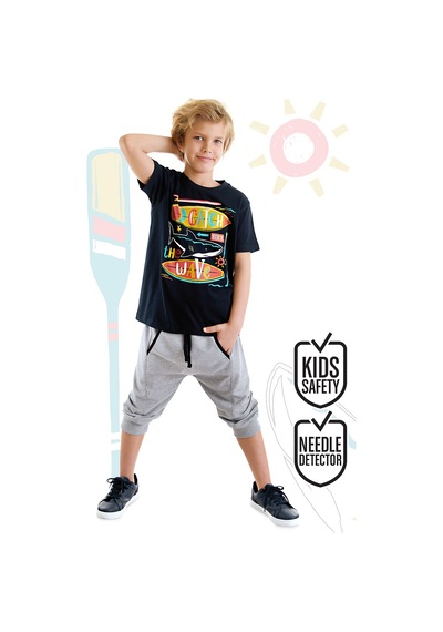Denokids Catch Wave Shark Lacivert Erkek Çocuk Yazlık T-shirt Kapri Şort Takım