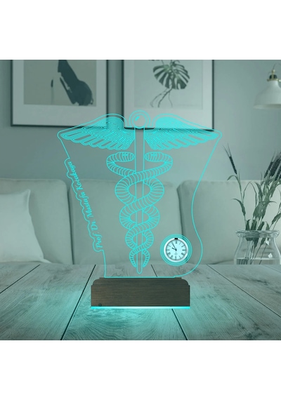 Luvivia Doktor Hediye Tıp Logo Tasarım Kişiye Özel Metal Saatli 3d Lamba - Masa Gece Lambası