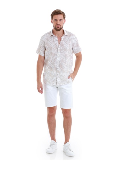 Hatemoğlu Bej Comfort Fit Baskılı 100% Pamuk Slim Yaka Kısa Kollu Gömlek 24d190000006 0086 Bej