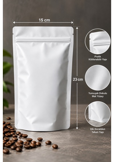 Mat Beyaz Doypack Ambalaj Poşeti 15x23 Cm 100 Adet
