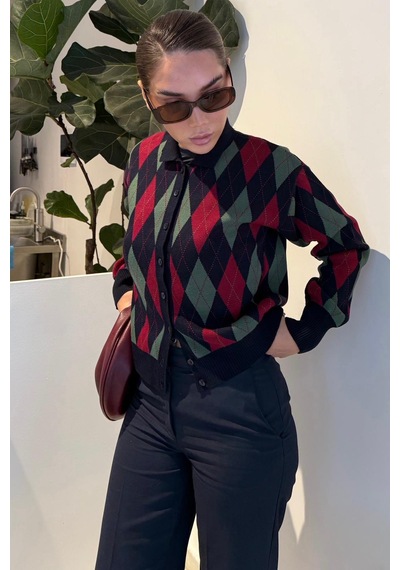 Madmext Lacivert Baklava Desenli Polo Yaka Kadın Hırka Mg2478 Lacivert